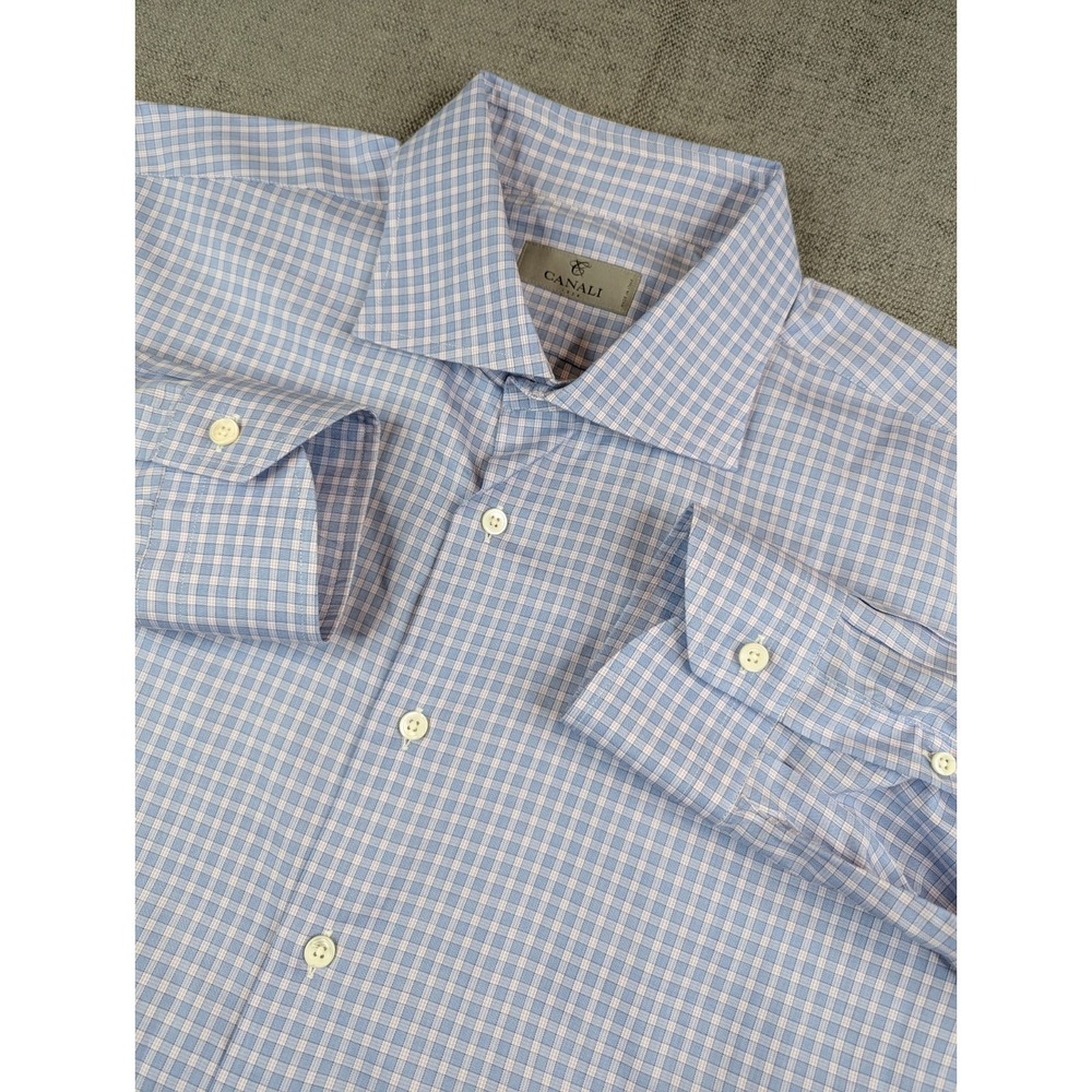 Canali Dress Shirt Mens 18 46 Blue Check Long Sleeve Button Made In Italy